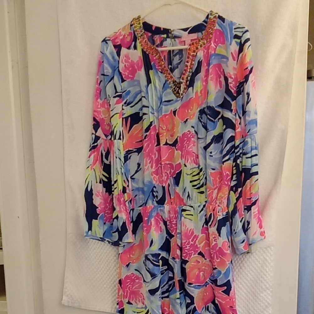 Lilly Pulitzer Pink and Blue Romper Size S with Gold Accents